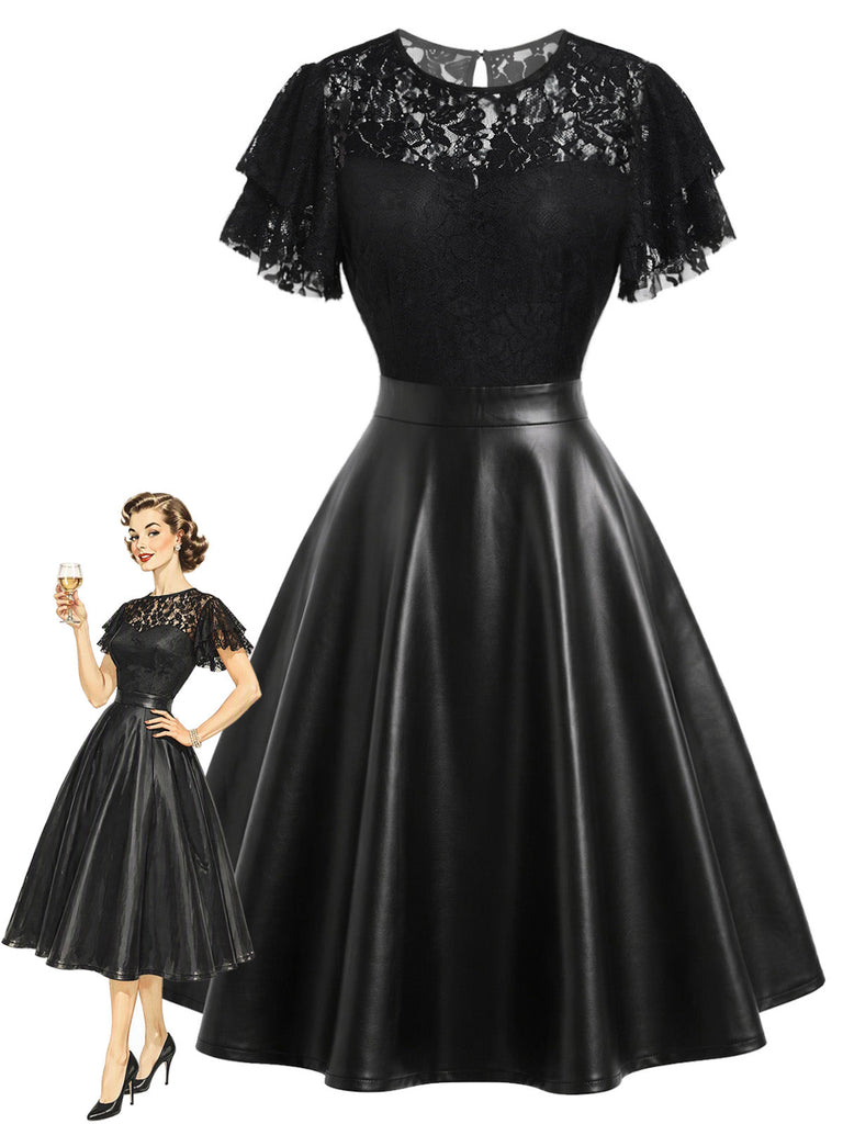 [Prévente] Robe noire en dentelle et similicuir à col rond années 1950