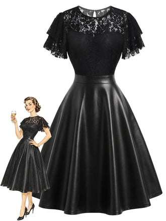 [Prévente] Robe noire en dentelle et similicuir à col rond années 1950