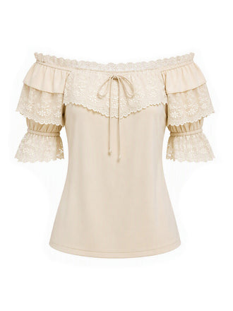[Prévente] Tops Beige Convertible Off‑Shoulder Dentelle Volant Années 1970
