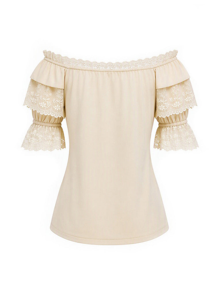 [Prévente] Tops Beige Convertible Off‑Shoulder Dentelle Volant Années 1970