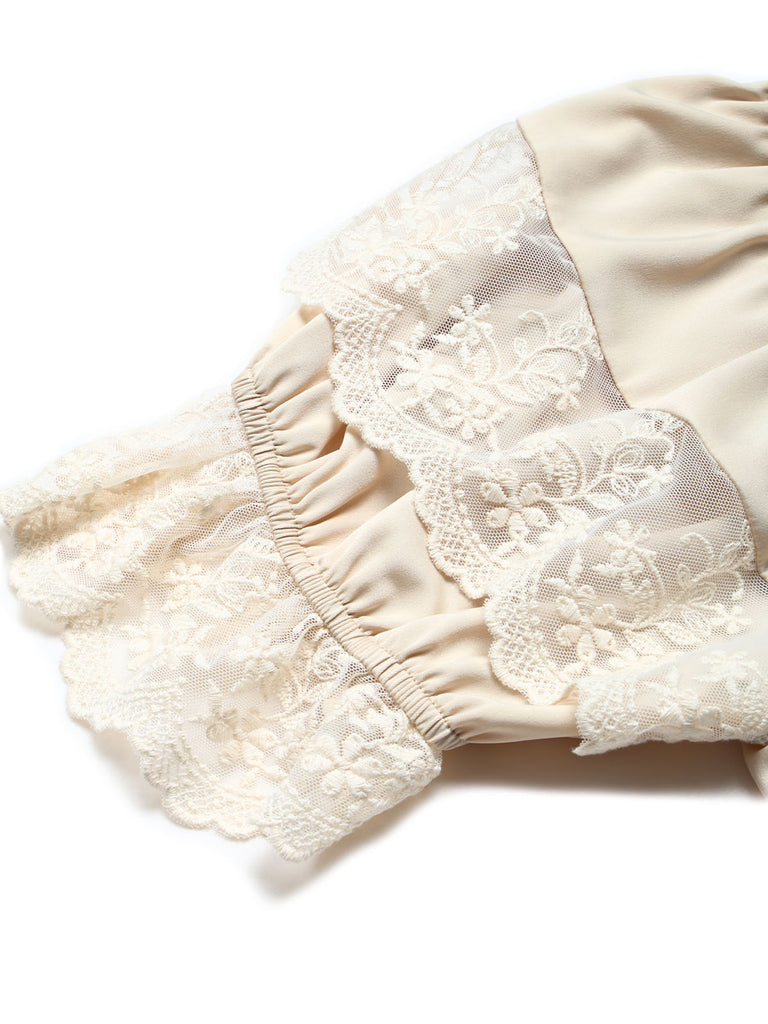 [Prévente] 2PCS Beige Off‑Shoulder Dentelle Volant Top et Asymétrique Jupe Années 1970