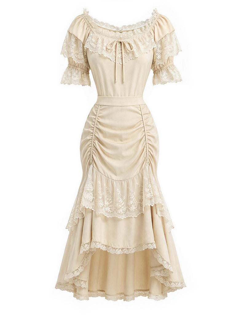 [Prévente] 2PCS Beige Off‑Shoulder Dentelle Volant Top et Asymétrique Jupe Années 1970