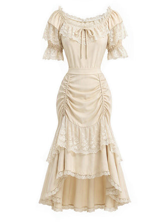 [Prévente] 2PCS Beige Off‑Shoulder Dentelle Volant Top et Asymétrique Jupe Années 1970