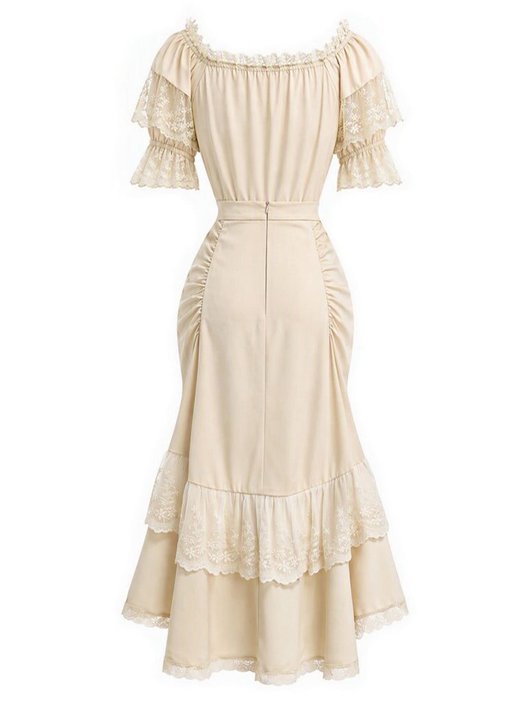 [Prévente] 2PCS Beige Off‑Shoulder Dentelle Volant Top et Asymétrique Jupe Années 1970