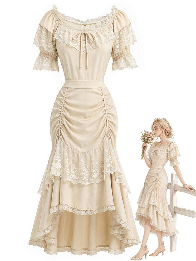 [Prévente] 2PCS Beige Off‑Shoulder Dentelle Volant Top et Asymétrique Jupe Années 1970