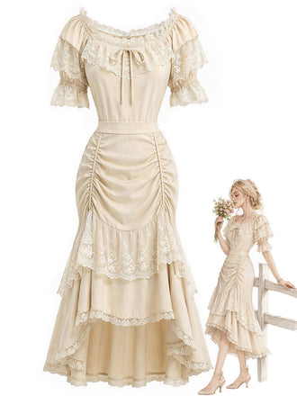 [Prévente] 2PCS Beige Off‑Shoulder Dentelle Volant Top et Asymétrique Jupe Années 1970