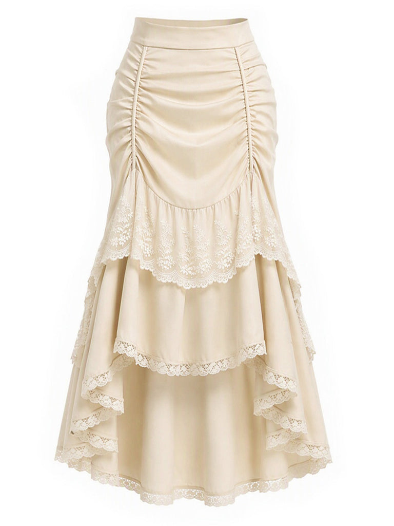 [Prévente] 2PCS Beige Off‑Shoulder Dentelle Volant Top et Asymétrique Jupe Années 1970