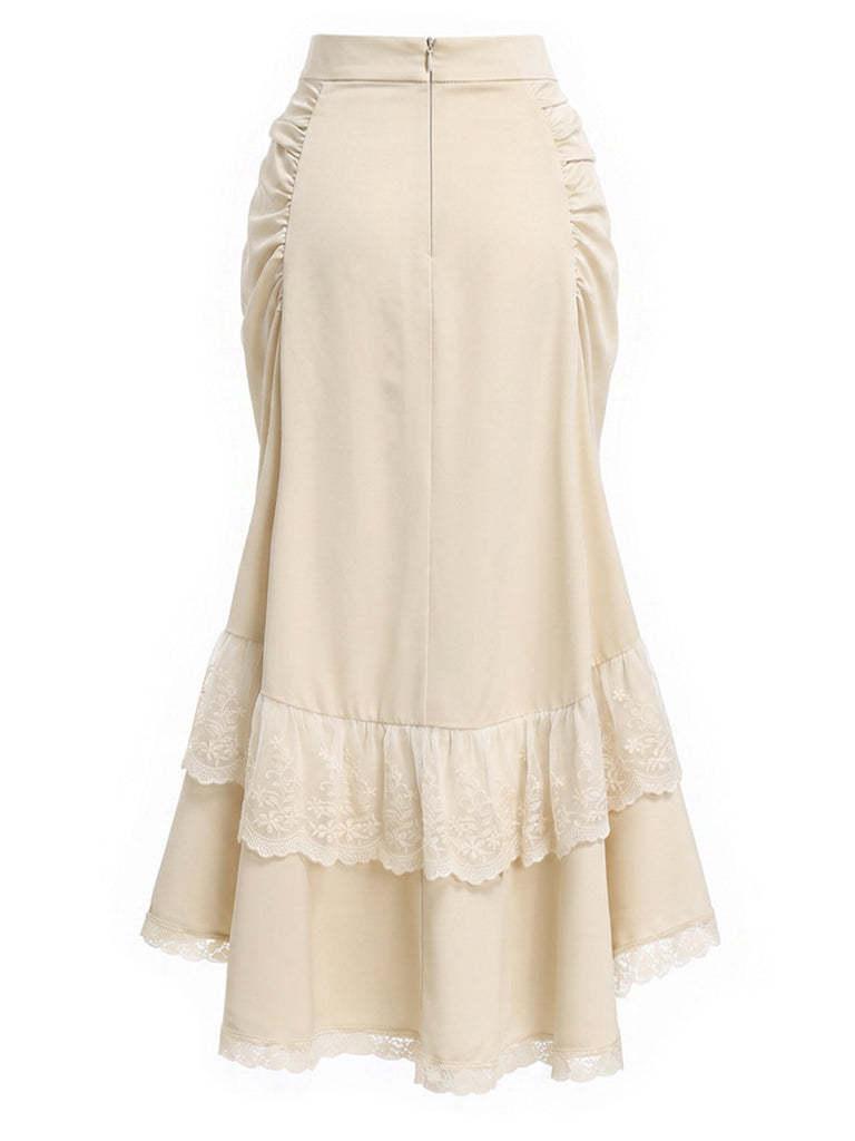 [Prévente] Jupe Beige Dentelle Asymétrique Taille Haute à Volants Étagés Volant Jupe Années 1970