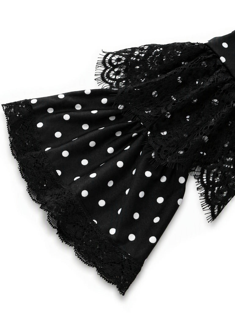 [Prévente] Robe gothique noire à pois, dentelle et fronces années 1970