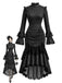 [Prévente] Robe gothique noire à pois, dentelle et fronces années 1970