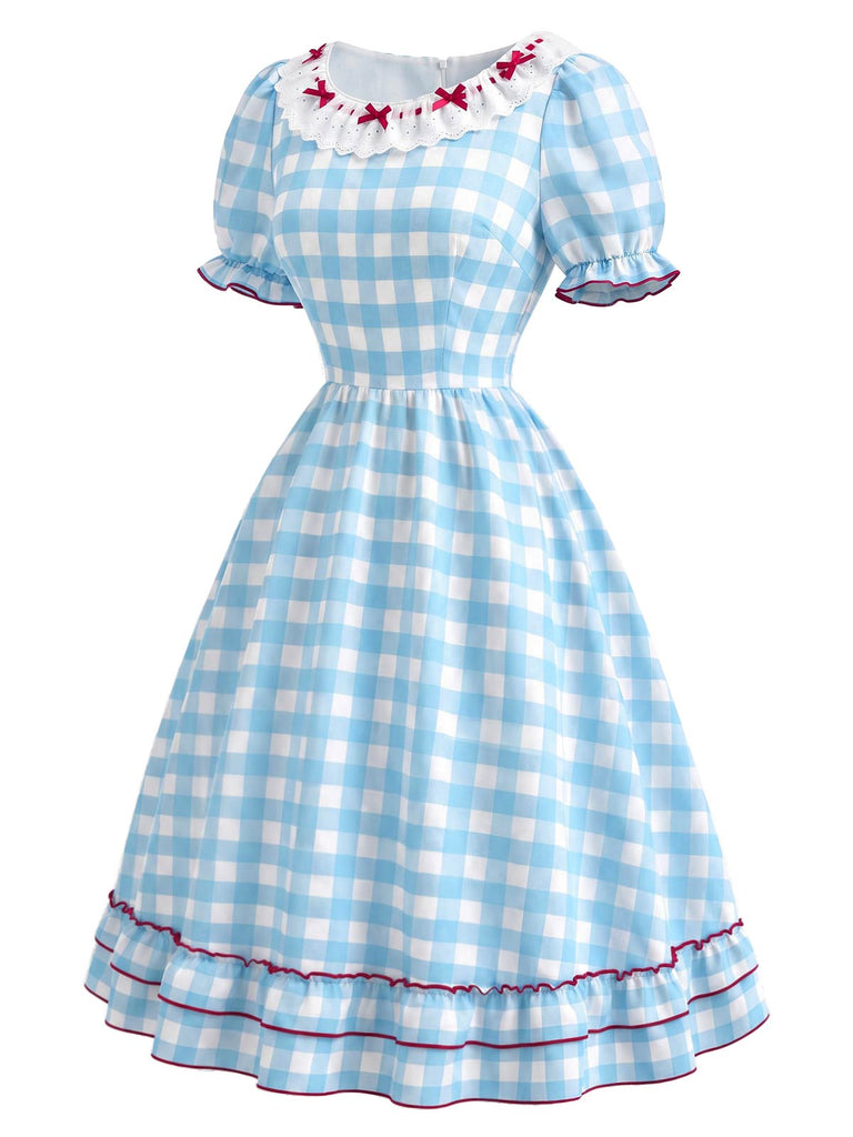 [Prévente] Robe à Carreaux avec Dentelle Nœud et Volants Bleu et Blanc Années 1940