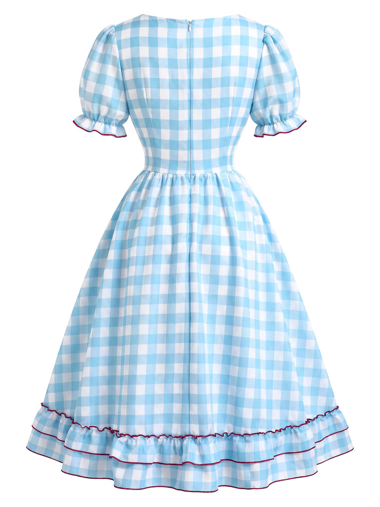 [Prévente] Robe à Carreaux avec Dentelle Nœud et Volants Bleu et Blanc Années 1940