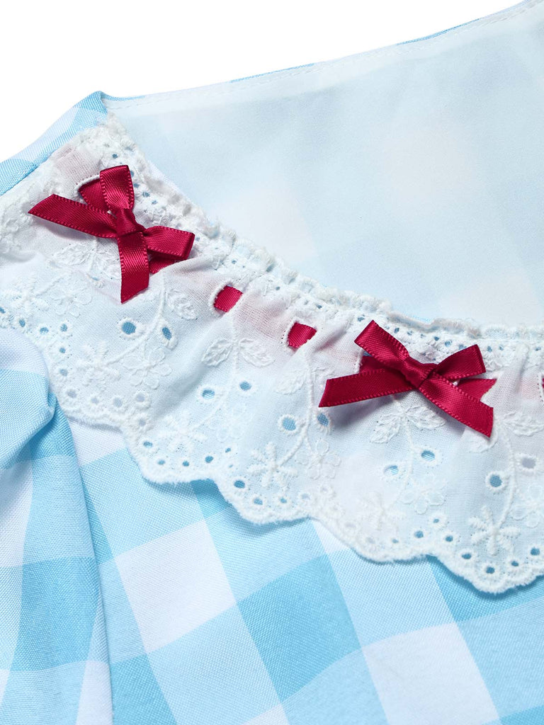 [Prévente] Robe à Carreaux avec Dentelle Nœud et Volants Bleu et Blanc Années 1940