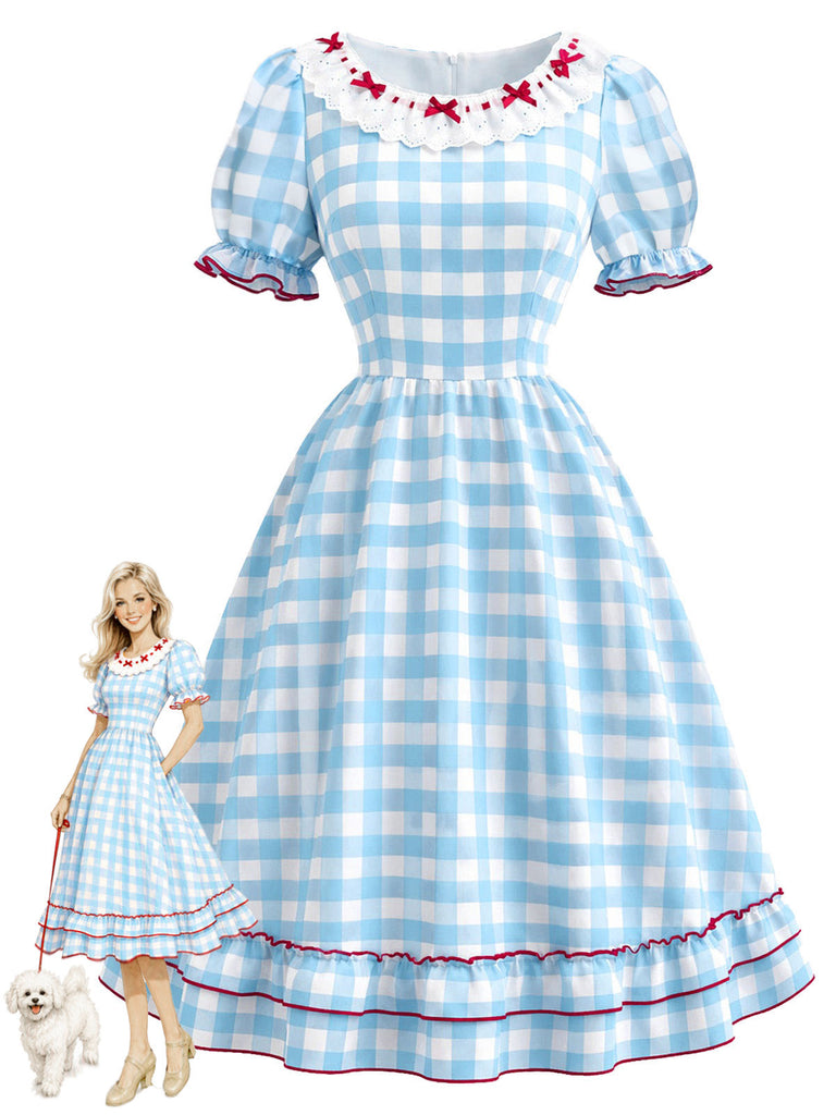 [Prévente] Robe à Carreaux avec Dentelle Nœud et Volants Bleu et Blanc Années 1940