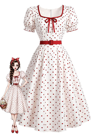 [Prévente] Robe à Pois à Col Carré avec Nœud Rouge et Blanc Années 1950
