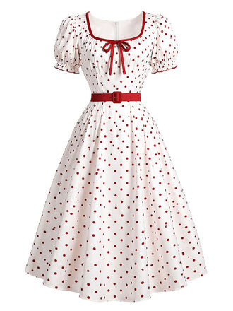 [Prévente] Robe à Pois à Col Carré avec Nœud Rouge et Blanc Années 1950