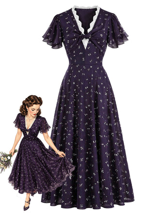[Prévente] Robe violet foncé à fleurs, col V et bordure en dentelle années 1930