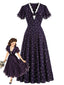 [Prévente] Robe violet foncé motif floral col V et finitions dentelle années 1930