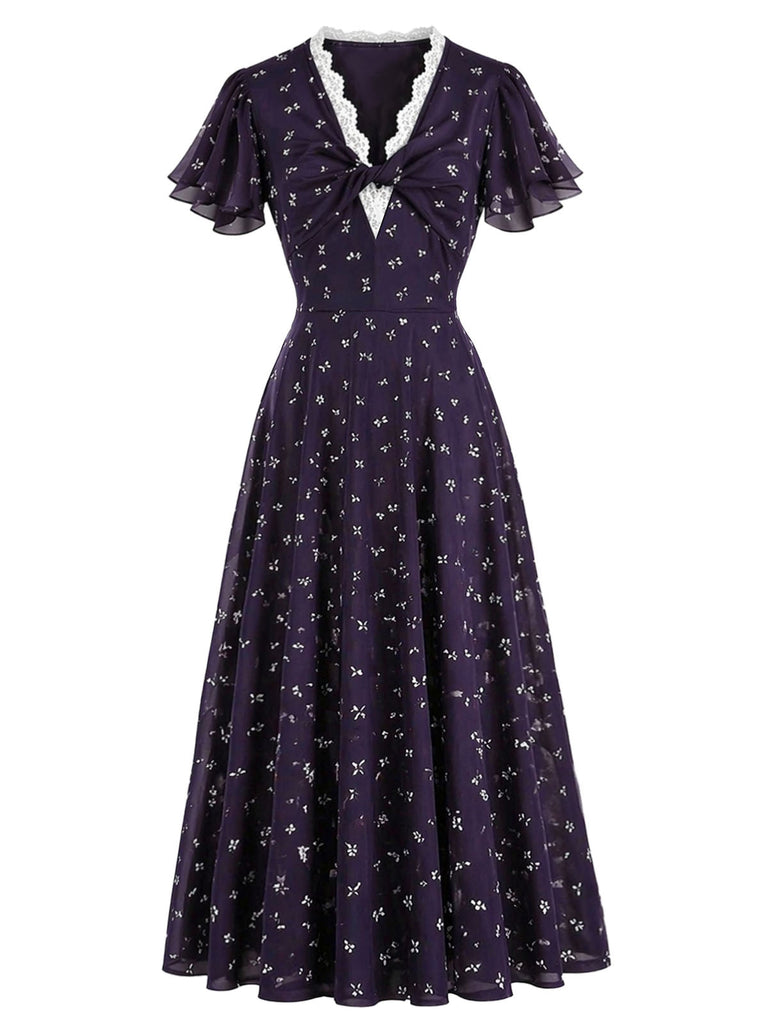[Prévente] Robe violet foncé à fleurs, col V et bordure en dentelle années 1930
