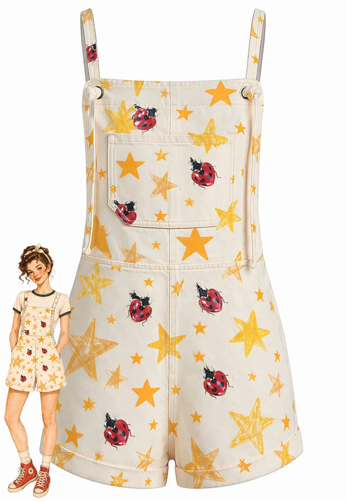 [Prévente] Combishort Salopette à Bretelles Nouées avec Coccinelle et Étoile Jaune Années 1970