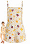 [Prévente] Combishort jaune bretelles nouées poche forme d'étoile et motif coccinelle années 70