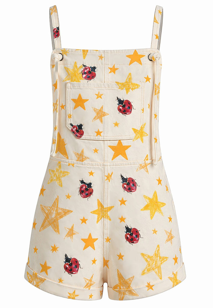 [Prévente] Combishort Salopette à Bretelles Nouées avec Coccinelle et Étoile Jaune Années 1970