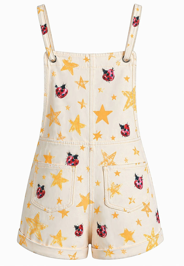 [Prévente] Combishort Salopette à Bretelles Nouées avec Coccinelle et Étoile Jaune Années 1970