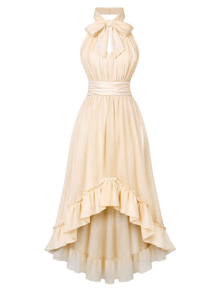 [Prévente] Robe beige dos nu froncée à ourlet asymétrique et volants Années 1930