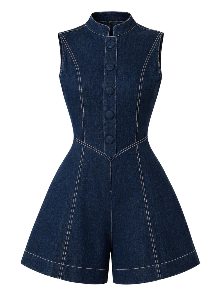 [Prévente] Combishort Bleu Col Montant Sans Manches Boutonné Devant Denim Années 1980
