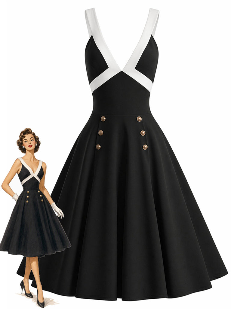 [Prévente] Robe Noir Contrasté Deep V Double Buttons Évasé Années 1950