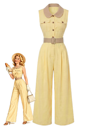 [Prévente] Combinaison à Col et Ceinture à Jambes Larges Jaune Clair Années 1960