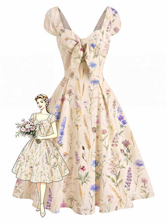 [Prévente] Robe Beige Encolure Cœur Wildflower Nœud Années 1950