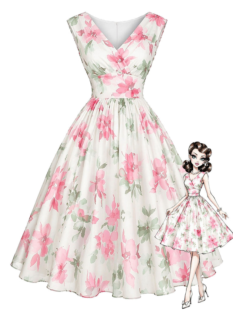 [Prévente] Robe Florale à Col V et Taille Cintrée Rose Années 1950