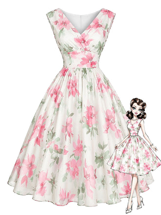 [Prévente] Robe Florale à Col V et Taille Cintrée Rose Années 1950