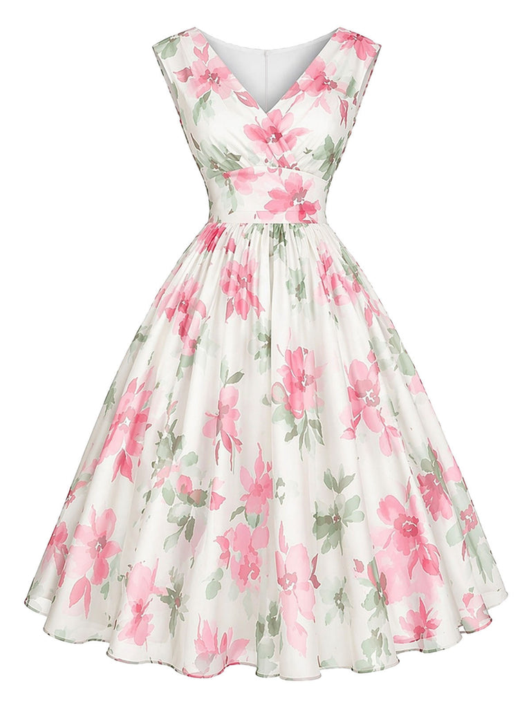 [Prévente] Robe Florale à Col V et Taille Cintrée Rose Années 1950