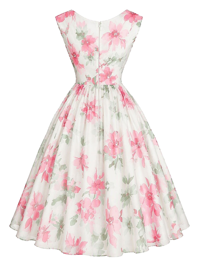[Prévente] Robe Florale à Col V et Taille Cintrée Rose Années 1950