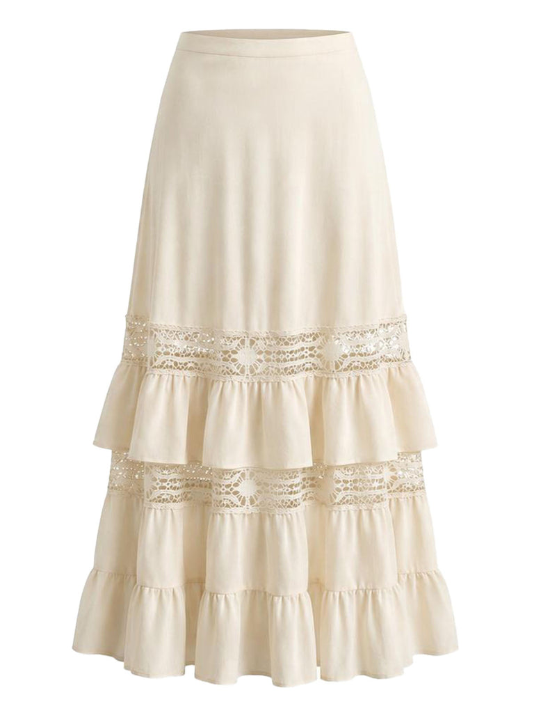 [Prévente] Jupe bohème beige en dentelle à volants étagés et découpes Années 1970