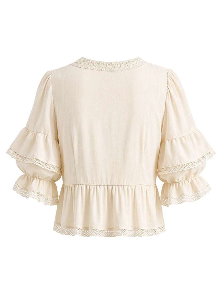 [Prévente] Blouse bohème beige en dentelle à volants et manches bouffantes Années 1970