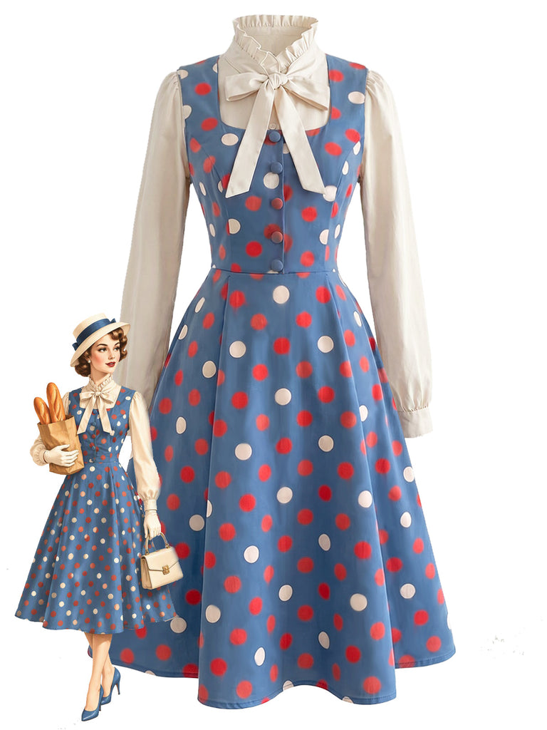 [Prévente] Ensemble 2 pièces blouse à col volanté avec nœud et robe à pois années 1950