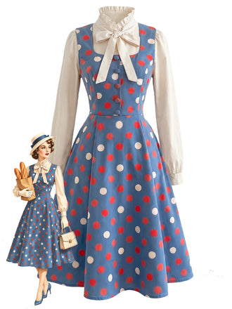 [Prévente] Ensemble 2 pièces blouse à col volanté avec nœud et robe à pois années 1950