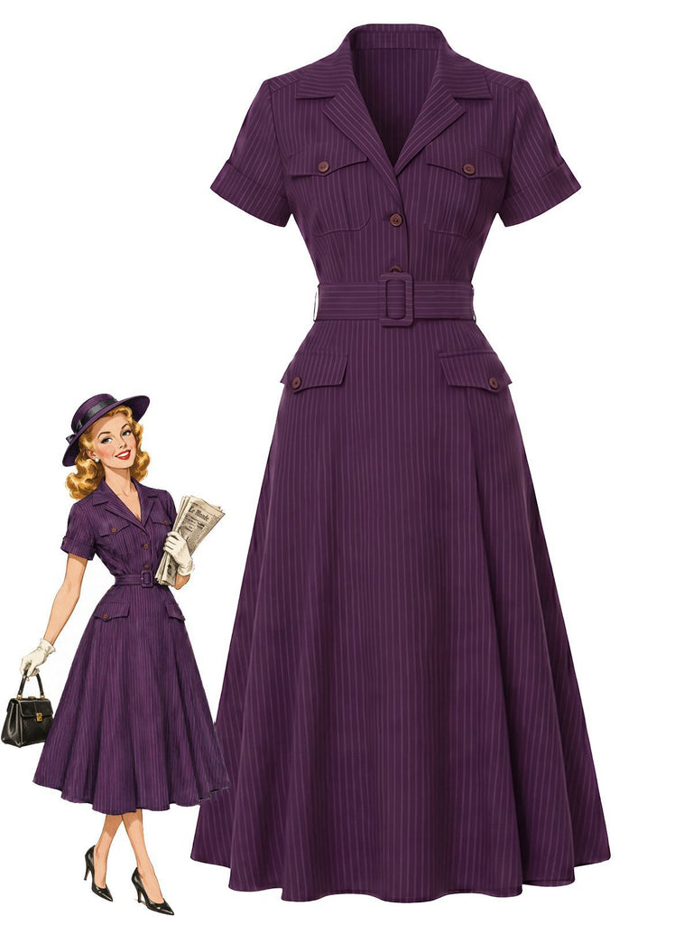 Robe violet foncé rayures fines col chemise et ceinture années 40