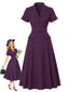 Robe violet foncé rayures fines col chemise et ceinture années 40