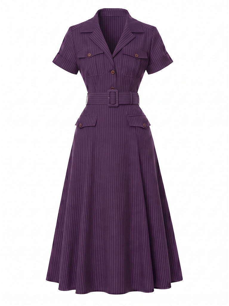 [Prévente] Robe violet foncé rayures fines col chemise et ceinture années 40