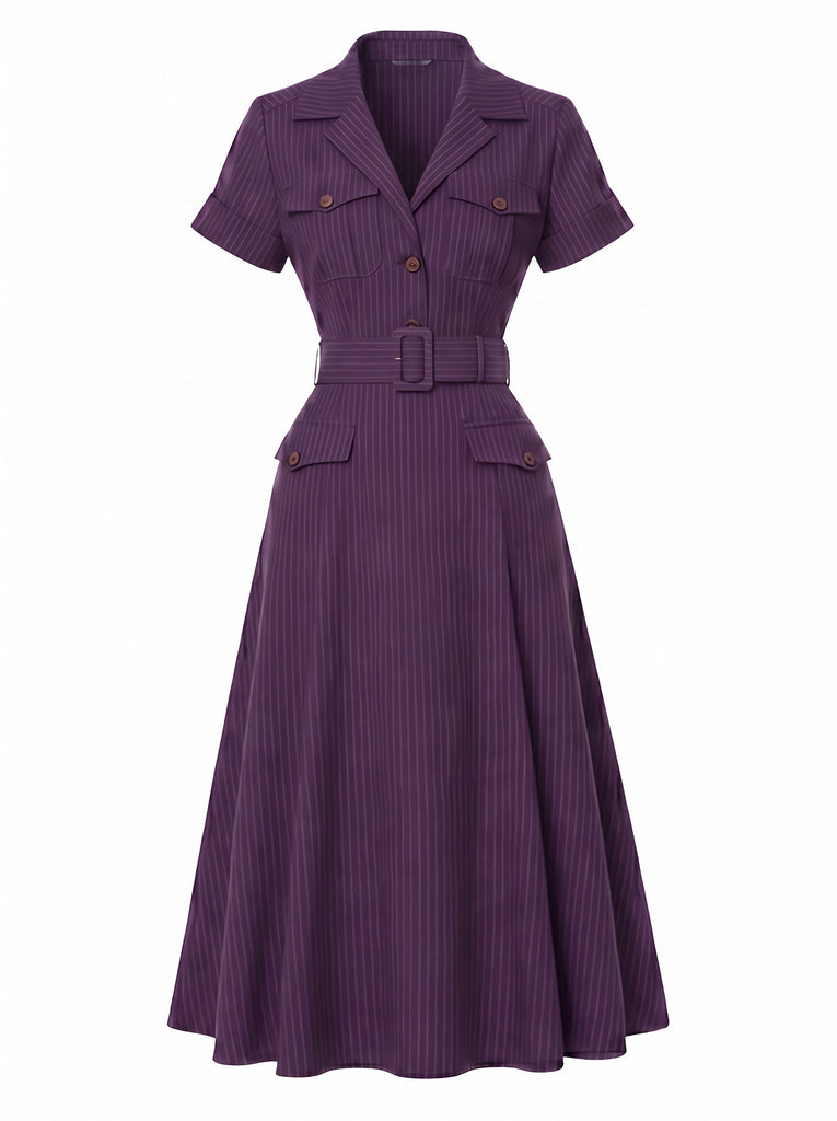 [Prévente] Robe Midi Violet Foncé Fines Rayures Ceinturée Col Chemise Années 1940 2