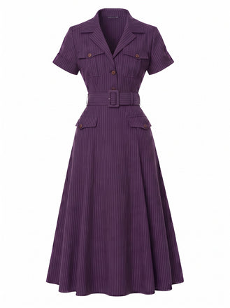 [Prévente] Robe Midi Violet Foncé Fines Rayures Ceinturée Col Chemise Années 1940 2