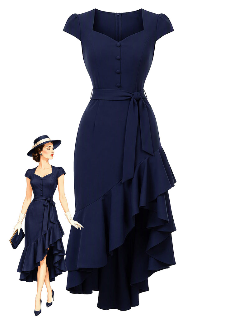 [Prévente] Robe midi bleu foncé à volants, ourlet asymétrique et ceinture Années 1930