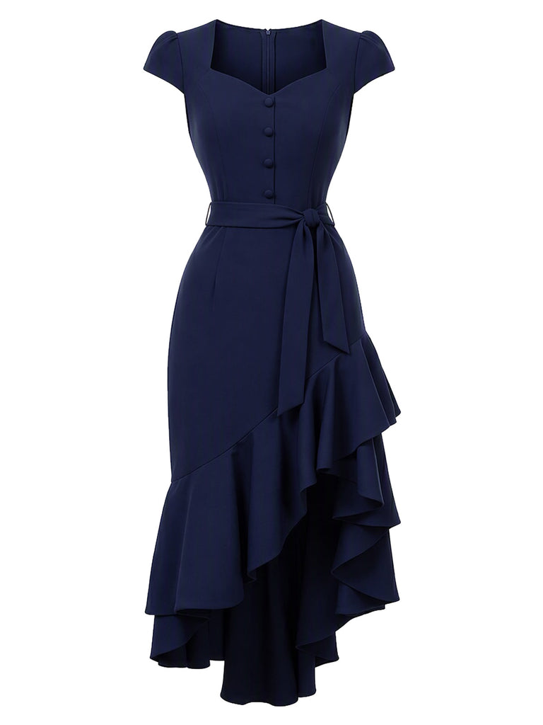 [Prévente] Robe midi bleu foncé à volants, ourlet asymétrique et ceinture Années 1930