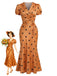 [Prévente] Robe portefeuille orange en satin à pois et col V Années 1930