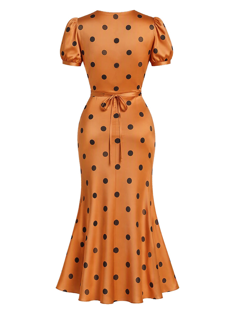 [Prévente] Robe portefeuille orange en satin à pois et col V Années 1930