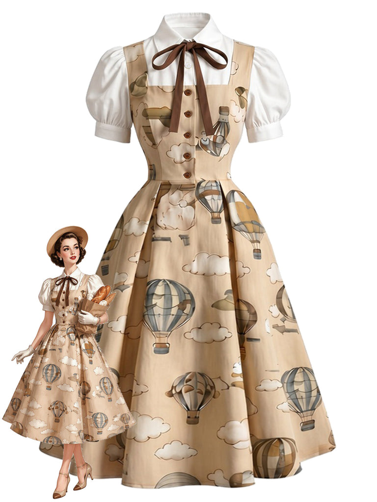 [Prévente] Robe kaki à imprimé montgolfières, effet deux pièces et manches bouffantes années 1950 - 1